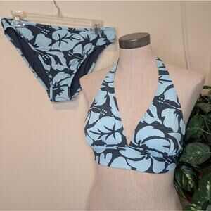 Carve Designs Blue Floral Hibiscus Halter Bikini Top & Bottom Set Sz M